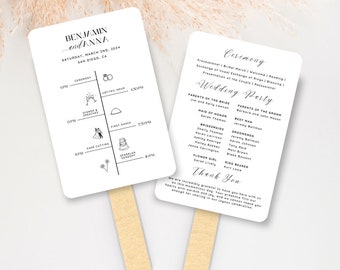 Plantilla de ventilador del programa de bodas minimalista, ventilador de doble cara del programa de bodas editable, programa de ceremonias moderno, programas de bodas, fiesta de bodas