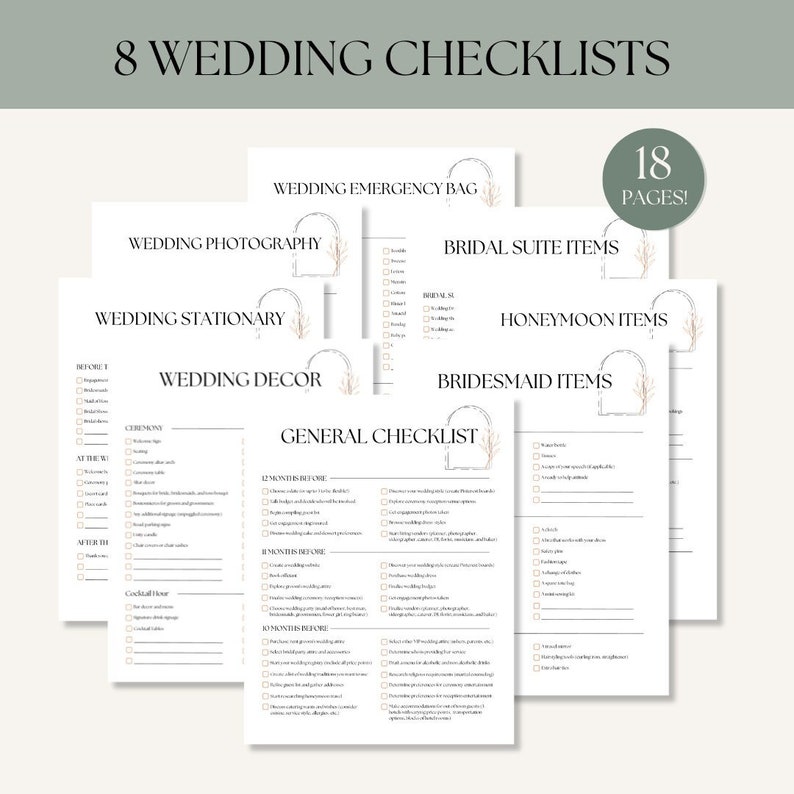 Checklist Arch 8 Wedding Checklists Bundle Digital Template, Wedding Binder, Wedding ...