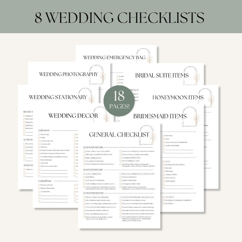K&ouml;nnte beinhalten: Ein Satz von acht druckbaren Hochzeits-Checklisten mit minimalistischem Design, das ein florales Bogenmotiv zeigt. Die Checklisten umfassen Kategorien wie Hochzeitsfotografie, Briefpapier, Dekoration, Notfalltasche, Braut-Suite-Artikel, Flitterwochen-Artikel, Brautjungfern-Artikel und eine allgemeine Checkliste.