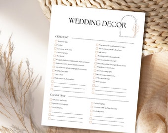 Lista de verificación de decoración de bodas, plantilla de lista de verificación de bodas imprimible, lista de verificación de planificación de bodas, decoración digital del planificador de bodas de la carpeta de bodas