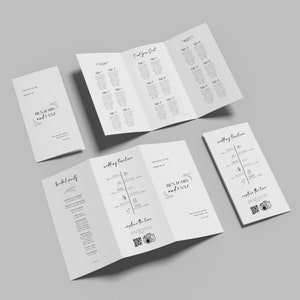 May include: A tri-fold wedding programme with black text on white paper. The programme includes a wedding timeline, bridal party list, seating chart, and a QR code to capture the love. The programme is decorated with simple floral illustrations.