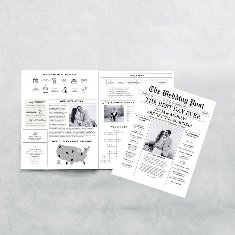 Newspaper Wedding Program Template, Editable Wedding Newspaper Program, Printable Wedding Infographic, Folded Wedding Day Program, Crossword image 1