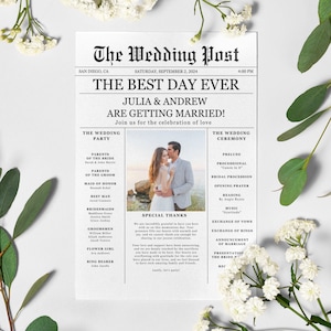 Newspaper Wedding Program Template, Editable Wedding Newspaper Program, Printable Wedding Infographic, Folded Wedding Day Program, Download