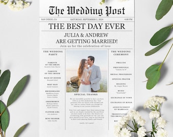 Newspaper Wedding Program Template, Editable Wedding Newspaper Program, Printable Wedding Infographic, Folded Wedding Day Program, Download