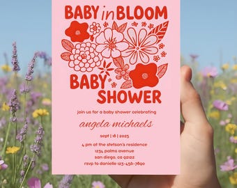 Ensemble d'invitations pour baby shower bébé en fleurs, faire-part bébé en fleurs, baby shower de fleurs sauvages modifiable, modèle de baby shower printanier floral