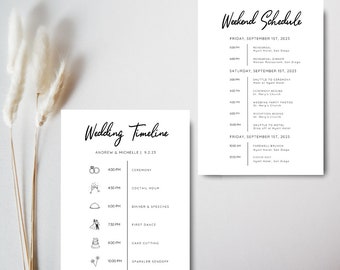 Plantilla de línea de tiempo del día de la boda, línea de tiempo de fin de semana de boda editable, cronograma de línea de tiempo de boda minimalista, plantilla de línea de tiempo de boda imprimible