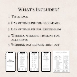 Puede incluir: Una lista de verificaci&oacute;n imprimible para la planificaci&oacute;n del d&iacute;a de la boda para los padrinos de boda, las damas de honor y todos los invitados. La lista de verificaci&oacute;n incluye una p&aacute;gina de t&iacute;tulo, una l&iacute;nea de tiempo del d&iacute;a para los padrinos de boda, una l&iacute;nea de tiempo del d&iacute;a para las damas de honor, una l&iacute;nea de tiempo del fin de semana de la boda para todos los invitados y una impresi&oacute;n de los detalles del d&iacute;a de la boda. La lista de verificaci&oacute;n est&aacute; dise&ntilde;ada en un estilo minimalista con texto negro sobre fondo blanco.