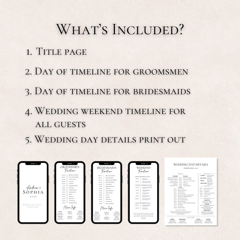 Puede incluir: Una lista de verificaci&oacute;n imprimible para la planificaci&oacute;n del d&iacute;a de la boda para los padrinos de boda, las damas de honor y todos los invitados. La lista de verificaci&oacute;n incluye una p&aacute;gina de t&iacute;tulo, una l&iacute;nea de tiempo del d&iacute;a para los padrinos de boda, una l&iacute;nea de tiempo del d&iacute;a para las damas de honor, una l&iacute;nea de tiempo del fin de semana de la boda para todos los invitados y una impresi&oacute;n de los detalles del d&iacute;a de la boda. La lista de verificaci&oacute;n est&aacute; dise&ntilde;ada en un estilo minimalista con texto negro sobre fondo blanco.
