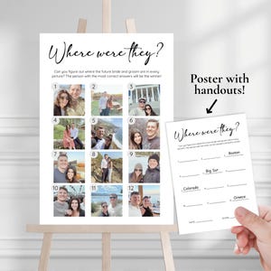May include: A white poster on an easel with the text "Where were they?" and twelve small photos. A handout with the same title is held in the hand. The poster is a game for a wedding.