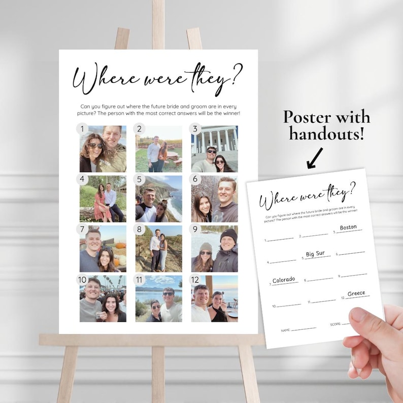 May include: A white poster on an easel with the text "Where were they?" and twelve small photos. A handout with the same title is held in the hand. The poster is a game for a wedding.