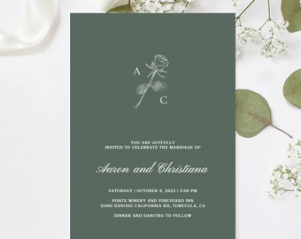 Minimalist Wedding Invitation Template, Editable Wedding Invite, Modern Printable, Instant Download, Sage Green and White