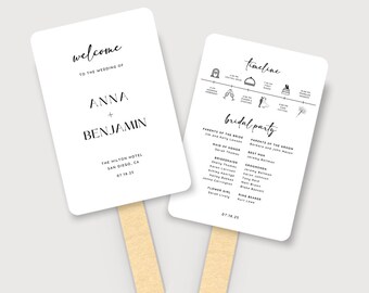 May include: A white wedding program fan with a black and white timeline and bridal party list. The text includes the names Anna and Benjamin, the date 07.18.25, and the location The Hilton Hotel, San Diego, CA.