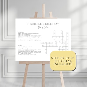 Peut inclure: Un panneau blanc sur un chevalet avec un jeu de mots croisés intitulé "MICHELLE'S BIRTHDAY Sip & Solve". Le panneau comprend des indices et le texte "STEP BY STEP TUTORIAL INCLUDED!"