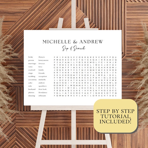 Custom Wedding Word Search Template, Personalized Sip and Solve Bridal Shower Word Search, Wedding Puzzle Giant Word Search Printable Canva