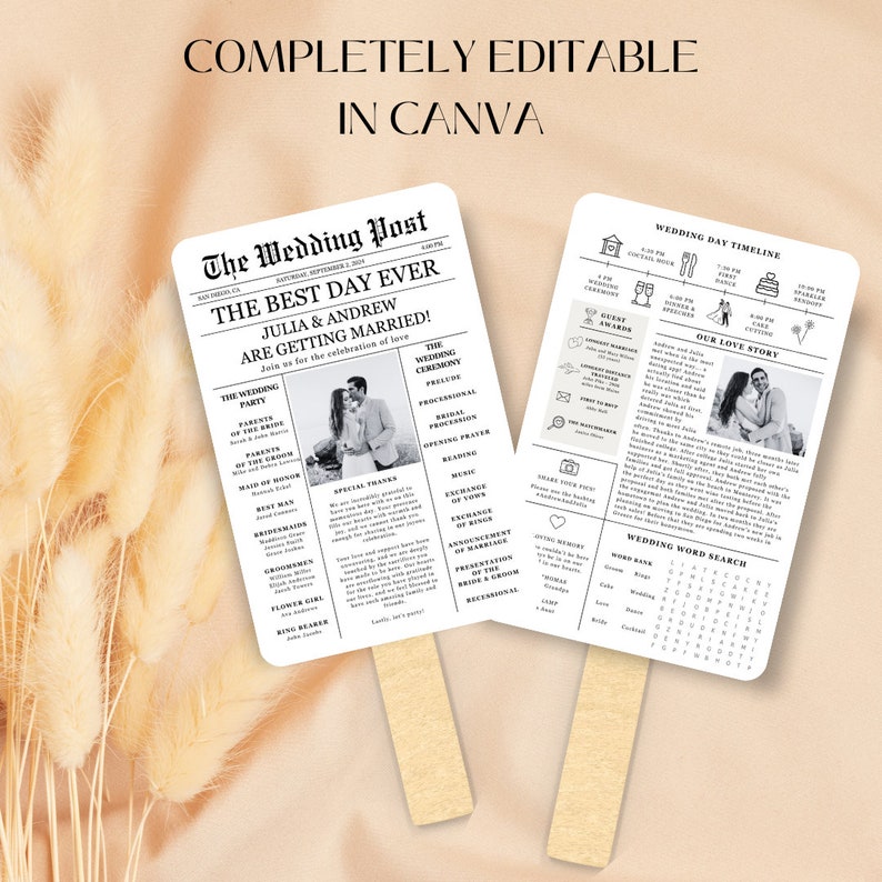 May include: Black and white wedding program fan with a newspaper design. The front features a photo of a couple and the text "The Wedding Post, The Best Day Ever, Julia & Andrew Are Getting Married!" The back features a wedding day timeline, a love story, and a wedding word search.
