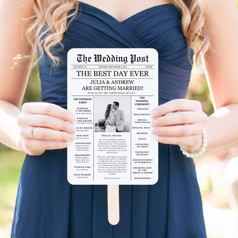 May include: Black and white wedding program printed on a fan. The program includes the wedding party, ceremony details, and special thanks. The program is titled "The Wedding Post" and features a photo of the bride and groom.