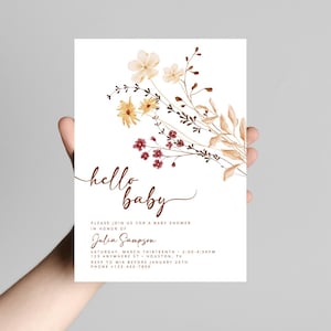 Modèle d'Invitation florale pour baby shower, Boho Baby Shower inviter, invitation de baby shower fleurs beige neutre, livres de Hello Baby pour bébé