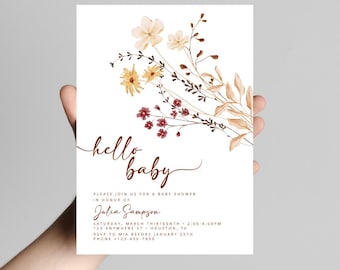 Plantilla de invitación para baby shower con flores, invitación para baby shower estilo boho, invitación para baby shower con flores en beige neutro, libros de Hello Baby para bebés