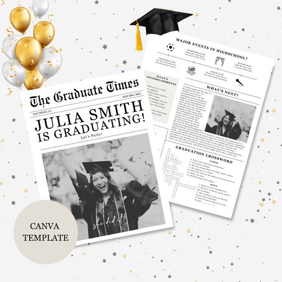 Graduation Newspaper Template, Printable Graduation Party Favors Graduation Gifts Graduation Party Decorations Grad Party Invitations Canva