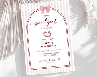 Strawberry Baby Shower Invitation Template, Berry Sweet Girl Baby Shower Invite, Books for Baby Card, Strawberry Theme Editable Pink Invite