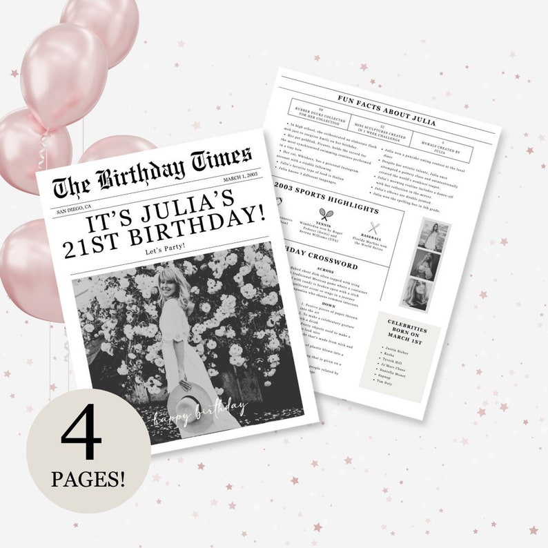 Bearbeitbare Geburtstagszeitungsvorlage, faltbares Geburtstags-Infografik-Poster, Geburtstagseinladung mit lustigen Fakten und Kreuzworträtsel für jedes Jahr Bild 1