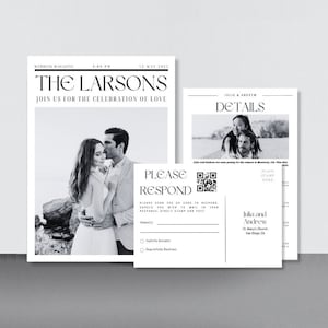 May include: Black and white wedding invitation suite. The suite includes a magazine-style invitation, a details card, and a response card. The invitation features a photo of a couple and the text "The Larsons". The response card includes a QR code.