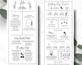 May include: A black and white wedding invitation with a simple design. The invitation includes the names Julia and Andrew, the date of the wedding, and the location of the ceremony. The invitation also includes a timeline of the wedding day, a list of important people, and a section for guest awards.