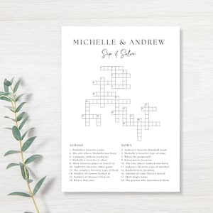 K&ouml;nnte beinhalten: Ein schwarz-wei&szlig;es druckbares Kreuzwortr&auml;tsel mit dem Titel "Michelle & Andrew Sip & Solve". Das Kreuzwortr&auml;tsel hat 18 Hinweise, davon 10 waagerecht und 8 senkrecht.
