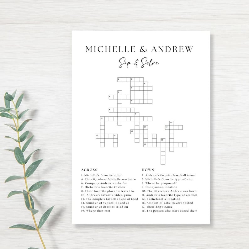 K&ouml;nnte beinhalten: Ein schwarz-wei&szlig;es druckbares Kreuzwortr&auml;tsel mit dem Titel "Michelle & Andrew Sip & Solve". Das Kreuzwortr&auml;tsel hat 18 Hinweise, davon 10 waagerecht und 8 senkrecht.