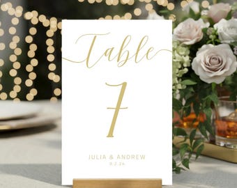 Números de mesa dorados para bodas, plantilla imprimible y editable en Canva, números de mesa minimalistas para bodas, tarjetas de números de mesa, hazlo tú mismo
