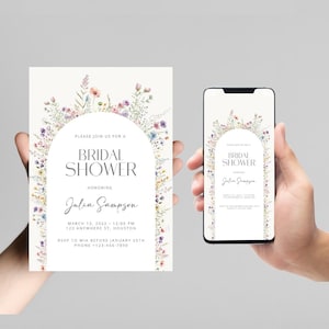 May include: A white bridal shower invitation with a floral arch design. The invitation includes the text "Please join us for a Bridal Shower honoring Julia Sampson" and the date and time of the event.
