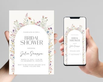 Plantilla de invitación para despedida de soltera con flores silvestres, invitación floral para despedida de soltera, invitación para despedida de soltera con el mensaje Love Is In Bloom, invitación con flores silvestres