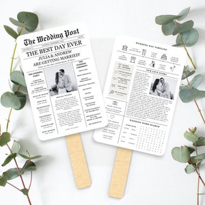 Newspaper Wedding Program Fan Template, Editable Wedding Newspaper Program, Wedding Infographic Fan, Folded Wedding Day Program, Crossword