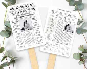 Newspaper Wedding Program Fan Template, Editable Wedding Newspaper Program, Wedding Infographic Fan, Folded Wedding Day Program, Crossword