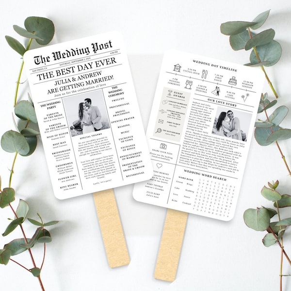 Newspaper Wedding Program Fan Template, Editable Wedding Newspaper Program, Wedding Infographic Fan, Folded Wedding Day Program, Crossword