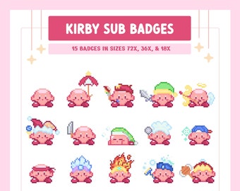 May include: A set of 15 pixel art badges featuring Kirby in different outfits and poses. The badges are available in three sizes: 72x, 36x, and 18x. The text "KIRBY SUB BADGES" and "15 BADGES IN SIZES 72X, 36X, & 18X" is at the top of the image. The text "DESERTFAUN" is at the bottom of the image.