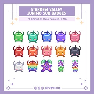 May include: A set of 15 pixel art badges featuring Junimos from the video game Stardew Valley. The badges are in three sizes: 72x, 36x, and 18x. The Junimos are depicted in various colors, including green, blue, purple, red, orange, and black.