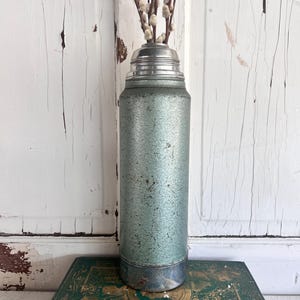 Puede incluir: Termo vintage cil&iacute;ndrico de color verde azulado con tapa y base plateadas. El termo contiene varias ramas de sauce gatito. El termo est&aacute; sobre un libro verde con letras doradas.