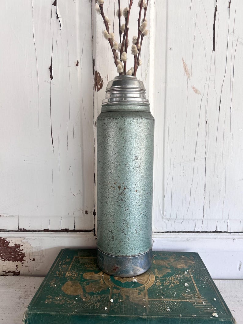 Puede incluir: Termo vintage cil&iacute;ndrico de color verde azulado con tapa y base plateadas. El termo contiene varias ramas de sauce gatito. El termo est&aacute; sobre un libro verde con letras doradas.