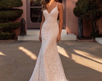 Indie All Over Lace Mermaid Wedding Dress with Tie Back