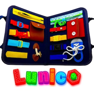 Personalized LUNICO Toddler Busy Board, Sensory Montessori Toys Learning Travel Activities Car Airplane for 3 4 Years Old Boy Girl Kids Gift