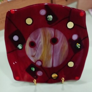 Red Circles Modern Fused Glass Plate 7.5&quot;