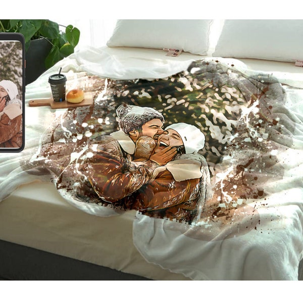 Personalisierte Decke mit Fotos Benutzerdefinierte Fotogeschenk Gemälde Illustration Geschenkideen Jahrestag Geburtstag Valentinstag Textil