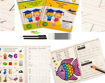 PreK-Gr1 Indented Alphabet Tracing, Sight Words, Short Sentence Practice Books with Magical Pens-Reusable Writing books, Auto Fade Ink