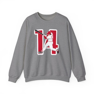 May include: A gray sweatshirt with a red number 14 and a baseball player in a red uniform swinging a bat.