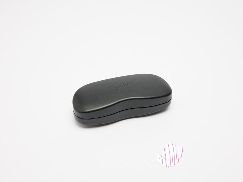 May include: A black, oval-shaped sunglasses case with the Ray-Ban logo embossed on the top. The case is closed and sits on a white surface. The case is approximately 6 inches long.