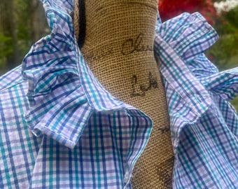 Repurposed 100% Cotton plaid men’s button down shirt with ruffle collar Men’s Large