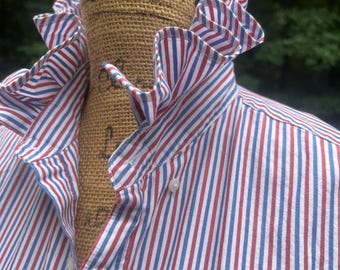 Repurposed J Crew, Ruffle Collar Men's Shirt-4th of July Men’s Small