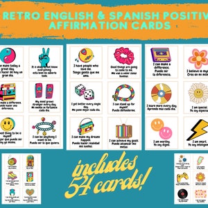 Cartões de afirmação positiva retrô em inglês e espanhol