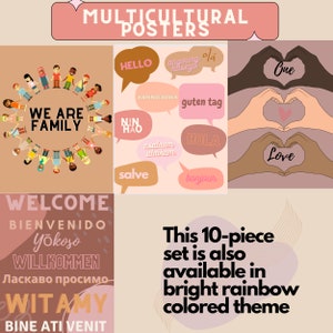 May include: A set of 10 multicultural posters featuring illustrations of children holding hands in a circle, hands forming a heart shape, and speech bubbles with greetings in different languages. The posters have a pink and brown color scheme and the text "We are family" and "Welcome" in multiple languages.
